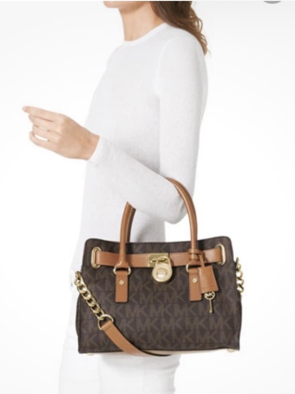 Michael Kors Hamilton Brown  Logo Satchel with Tan Handles PHOTO Ink Marks